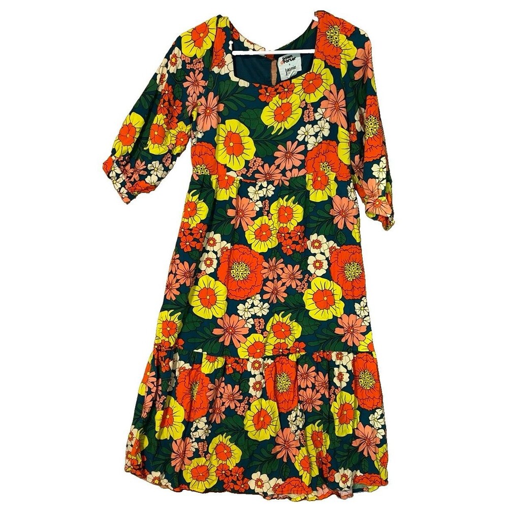 Dawn O’Porter X Joanie Candi 70’s Retro Floral Midi Tiered Dress US 8 Pocket